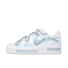 the nike air force 1 is in white and blue with grey detailing on the upper part