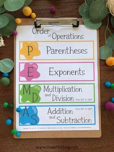 a clipboard with the words order of operations, parentless exponents and multi - division addition and subtraction