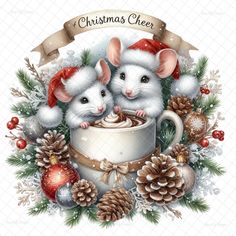 two mouses are sitting in a mug surrounded by christmas decorations and pine cones, with the