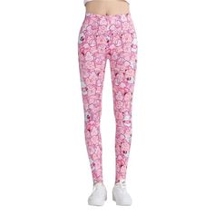 Pink Animals Printed Leggings — Legletic Trendy Pink Yoga Pants, Pink Casual Tights, Cute Pink Stretch Leggings, Playful Pink Bottoms With Cartoon Print, Pink Casual Leggings With Elastic Waistband, Casual Pink Leggings With Elastic Waistband, Pink Kawaii, Hot Leggings, Animal Print Leggings