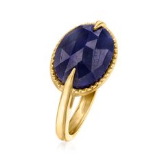 Ross-Simons - 7.00 Carat Sapphire Ring in 18kt Gold Over Sterling. Size 9. Try sporting your gemstones in a new fashion with this contemporary ring! The deep blueberry-hued 7.00 carat oval sapphire is showcased inside a beaded 18kt yellow gold over sterling silver setting, creating a sleek east-west design. 3/8" wide. Sapphire ring. Sapphire birthstones are the perfect gift for September birthdays. Pearl Jewelry Shop, Diamond Anklet, Italian Gold Jewelry, Mixed Metal Bracelets, Pearl Bracelet Gold, Sapphire Birthstone, Pearl Strands Necklace, Pearl Anklet, Diamond Tennis Necklace