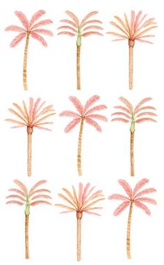 six watercolor palm trees on a white background