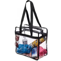 an image of a clear bag with various items inside it on a white background and black straps