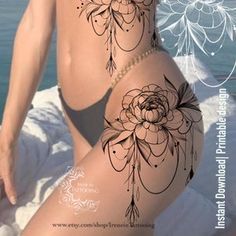 Peony Tattoo Design, Peony Flower Tattoos, Printable Stencil, Thigh Sleeve, Printable Tattoos, Sun Tattoo Designs, Hip Thigh Tattoos, Peony Tattoo, Lotus Tattoo Design