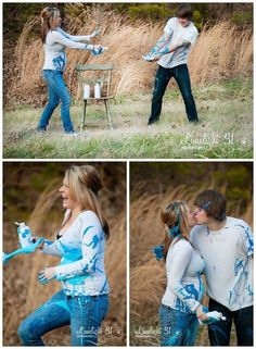 two people with blue paint on their hands and one person holding something in his hand