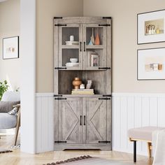 a wooden cabinet with sliding doors in a living room