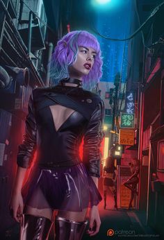 a woman with purple hair and black leather outfit standing in an alleyway at night