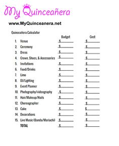 the printable list for my quinceanera is shown in pink and white