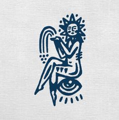 a blue and white drawing of a person sitting on top of a chair with a sun in the background