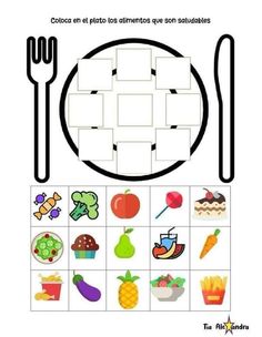 an image of a plate, fork and knife with pictures on it that are in spanish