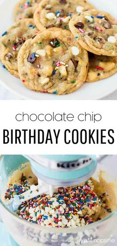 chocolate chip birthday cookies with sprinkles on top and in the middle, one is