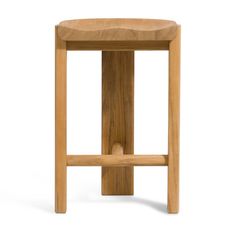 a wooden stool on a white background with the seat up and one foot in the air