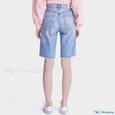 Orcajump - Chic and Fashionable High-Waisted Bermuda Jean Shorts with Distressed Raw Hem Detail in Light Blue Bermuda Jean Shorts, Jean Shorts, Light Blue, High Waisted, Blue, Denim Shorts