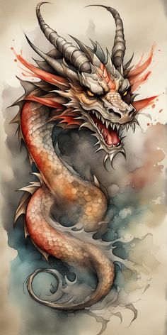 a watercolor drawing of a dragon with red eyes and horns on it's head