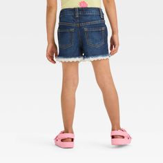 Toddler Girls' Lace Cut-Off Shorts - Cat & Jack™ Dark Blue 18M Playful Denim Blue Bottoms For Spring, Playful Medium Wash Bottoms For Spring, Playful Blue Jean Shorts For Spring, Trendy Bottoms For Spring Playtime, Trendy Spring Bottoms For Playtime, Cute Denim Bottoms For Playwear, Casual Fitted Shorts For Playtime, Weather Wear, Mid Rise Shorts