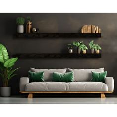 a living room filled with lots of furniture next to a wall mounted book shelf and potted plants