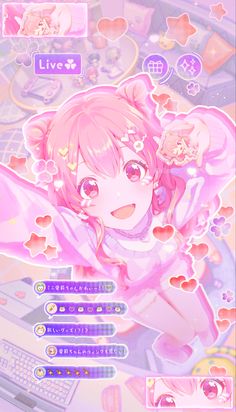 an anime character with pink hair and hearts on her chest, sitting in front of a keyboard