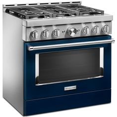 a blue and silver stove top oven with two burners on the front, and one door open