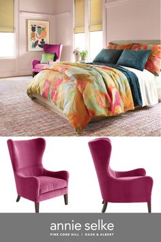 two chairs and a bed in a room with pink walls, carpeting and furniture