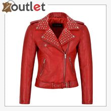 Red Studded Rock Chic Biker Motorcycle Style Leather Jacket Motorcycle Leather Jacket, Studded Leather Jacket, Red Studs, Black Moto Jacket, Womens Biker Jacket, Studded Jacket, Leather Jacket Style, Lambskin Leather Jacket, Rock Chic