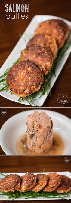 salmon patties are served on a white plate