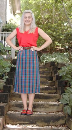 "This 1960s plaid skirt is preppy and cute and ready for school or office! Made of a cotton or cotton blend woven fabric, it features tab belt loops and a deep kick pleat in the back. Side metal zipper and button on the waistband. No labels present. Very good condition. Model is a bit on the short side so this skirt would likely be knee length or just a little below on average height person. Please check measurements below. Measurements - Waist - 25\" Hip - 38\" Length - 28\" Please note that si Skirt A Line, Average Height, Vintage Runway, Ready For School, High Neck Blouse, Silky Blouse, Kick Pleat, Special Occasion Outfits, Velvet Pants