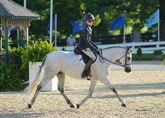 a woman riding on the back of a white horse