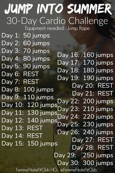 a poster with the words jump into summer 30 - day cardio challenge