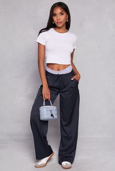 Almost Famous, Dress Pant, Wide Leg, High Waisted, Solid, Removable Boxer Inset, Loose Fit, Item Number 3407077133979 Pinstripe Pants Outfit, Famous Dress, Pinstripe Pants, Almost Famous, Dress Pant, Bottom Clothes, Item Number, Bottoms Pants, Wide Leg