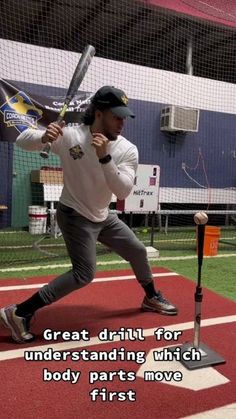 a man holding a baseball bat while standing on top of a batting cage with the words great grit for underhanding which body parts move first