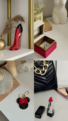 four different shots of shoes and accessories on a white table with gold trimmings