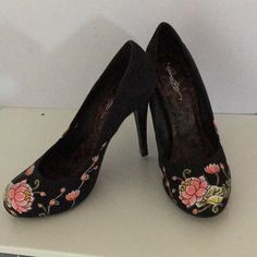 Ed Hardy, Floral Graffiti Heels. Very Cute, Never Worn. Black Floral Print High Heels, Black Floral Print Heels With Pointed Toe, Graffiti Heels, Floral Graffiti, Ed Hardy, Sling Backs, Shoes Women Heels, Graffiti, Shoes Heels