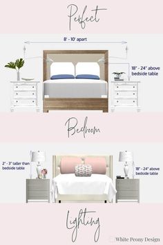 three different types of furniture and bedding with the names on it, including two nightstands