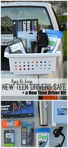 the contents of a new teen driver's safe kit are shown in this collage