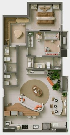 an overhead view of a living room and bedroom