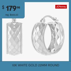 Features: Quick ShipEarring Back: HingedShape: RoundMetal Color: WhiteEarring Length: 22mmEarring Width: 8.4mmCare: Wipe CleanEarrings Style: Hoop EarringsMetal: 10k White GoldCountry of Origin: Imported White Diamond Cut Small Hoop Earrings, Earrings Hoop, Hoop Earrings, White Gold, Gold, White, Color