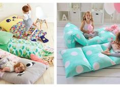 two pictures of children playing on pillows and in bed