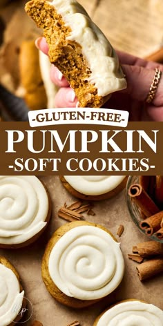 A tall pin with Gluten Free Pumpkin Cookies and covered in cream cheese icing. Sugar Free Gluten Free Recipes, Cookies With Cream Cheese Icing, Gluten Free Treats Recipes, Fun Dessert Ideas, Gluten Free Pumpkin Desserts, Pumpkin Cookies With Cream Cheese, Gingerbread Pumpkin, Gluten Free Pumpkin Cookies, Gluten Free Pumpkin Recipes