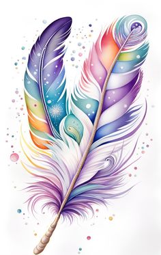 an artistic colorful feather with bubbles and stars in the background, on a white background