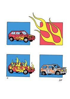 four different colored cars with flames in the middle and one red car on the left