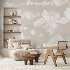 a living room filled with furniture and walls painted in shades of grey, white and beige