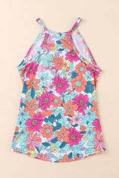 Enjoy some summer vibes in this Multi Color Retro Floral Strappy Tank! This gorgeous, lightweight top features a bright, retro floral pattern with a striking high neck, giving you the perfect mix of style and comfort. Throw it on for a look that's sure to turn heads! Retro floral print of fuchsia pink, orange, dark green, sea foam green, lavender and yellow makes this strappy tank a bright and fun asset to your summer wardrobe. Higher neckline and slight racerback style knit tank. Has slight str Shift Pattern, Curvy Shorts, Curvy Swimwear, Swimwear Dress, Sweatshirt Set, Elastic Waist Shorts, Lightweight Tops, Loungewear Set, Waist Length