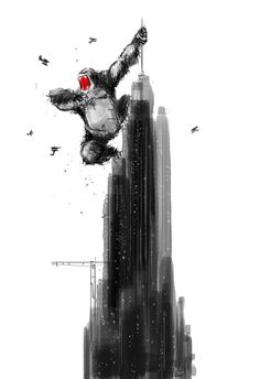 a drawing of a gorilla on top of a skyscraper