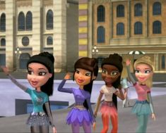 three cartoon girls are standing in front of a building and one has her hands up