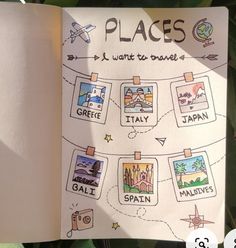 an open book with pictures on it and the words places written in different languages below