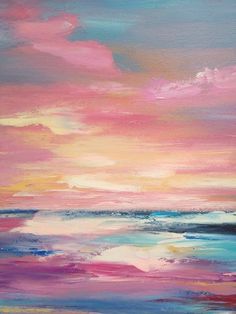 an abstract painting of pink, blue and white clouds over the ocean at sunset or sunrise