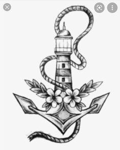 an anchor with flowers on it and a lighthouse in the background is drawn by hand