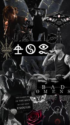 an image of some people in black and white with the words bad omens written on them