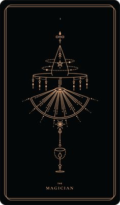 the magician tarot card in gold and black with an image of a fountain on it