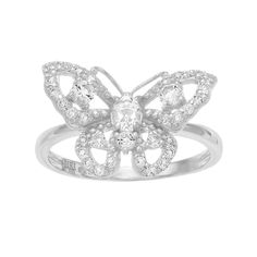 Decorated with white topaz stones, this sterling silver butterfly ring offers a whimsical way to update your ensemble. RING DETAILS Width: 16 mm Metal: sterling silver Plating: rhodium Finish: polished Packaging: boxed STONE DETAILS Stone type: white topaz Center stone weight: 1/5 ct. Total weight: 5/8 ct. Cut: oval, round Setting: prong Gift Givers: This item ships in its original packaging. If intended as a gift, the packaging may reveal the contents. Gemstones may have been treated to enhance Formal Butterfly-shaped Cubic Zirconia Rings, White Cubic Zirconia Butterfly Ring, Silver Butterfly Rings With Diamond Accents, White Gold Butterfly Ring With Diamond Accents, Elegant Sterling Silver Rings With Butterfly Charm, Silver Butterfly Ring For Formal Occasion, Elegant Anniversary Rings With Butterfly Charm, Sterling Silver Butterfly Ring For Formal Occasions, Formal Sterling Silver Butterfly Ring With Diamond Accents